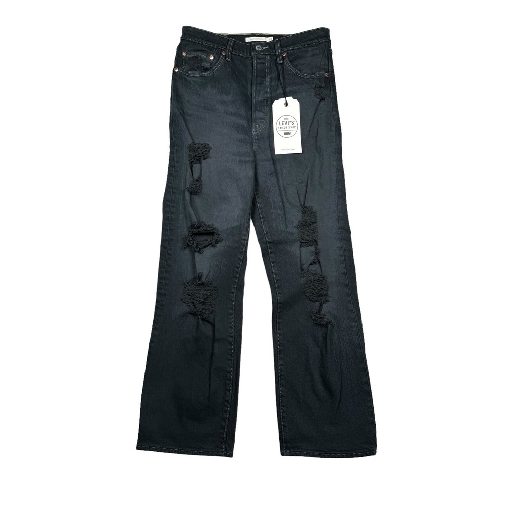 $148 Levi's Premium Ribcage Straight Legs Black Distressed Jeans 28x27 NWT